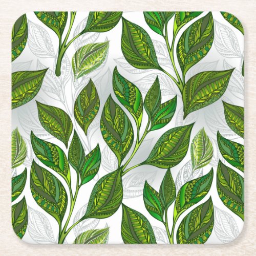 Seamless Pattern with Green Tea Leaves Square Paper Coaster