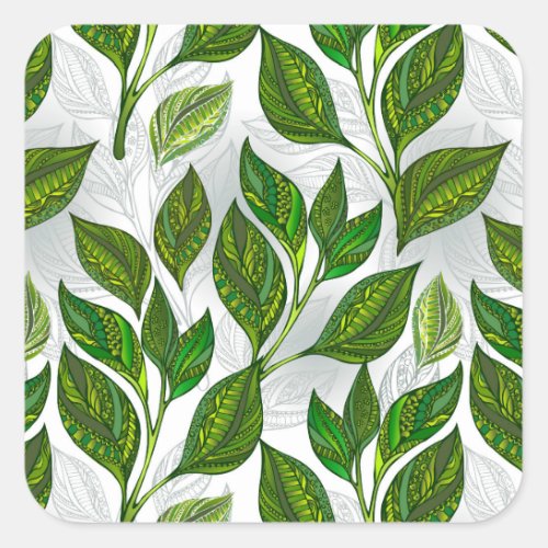 Seamless Pattern with Green Tea Leaves Square Sticker