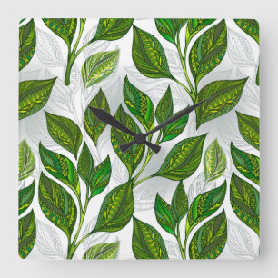 Seamless Pattern with Green Tea Leaves Square Wall Clock