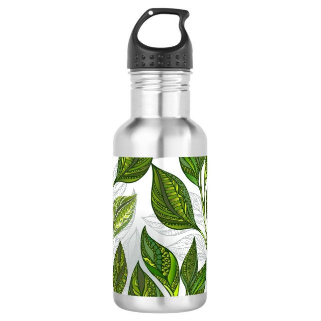 Seamless Pattern with Green Tea Leaves Stainless Steel Water Bottle (Front)