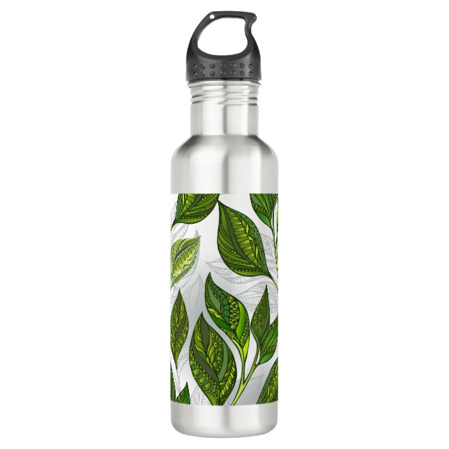 Seamless Pattern with Green Tea Leaves Stainless Steel Water Bottle (Front)