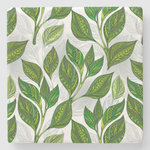 Seamless Pattern with Green Tea Leaves Stone Coaster