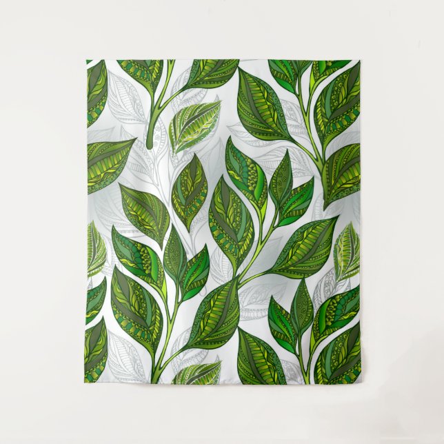 Seamless Pattern with Green Tea Leaves Tapestry (Front)