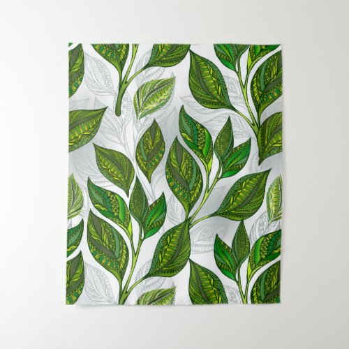 Seamless Pattern with Green Tea Leaves Tapestry