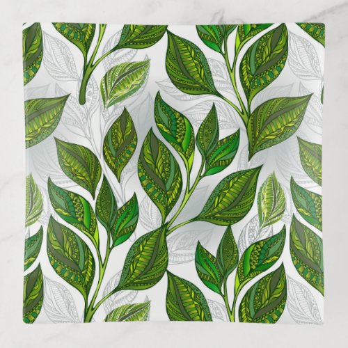 Seamless Pattern with Green Tea Leaves Trinket Tray