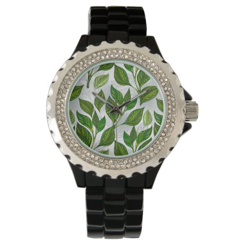 Seamless Pattern with Green Tea Leaves Watch