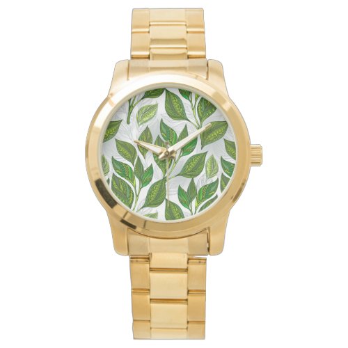 Seamless Pattern with Green Tea Leaves Watch