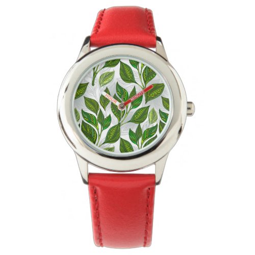 Seamless Pattern with Green Tea Leaves Watch