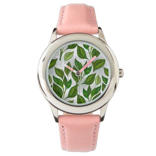 Seamless Pattern with Green Tea Leaves Watch