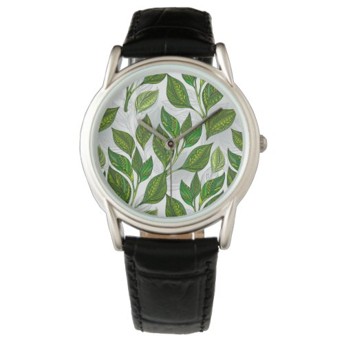 Seamless Pattern with Green Tea Leaves Watch