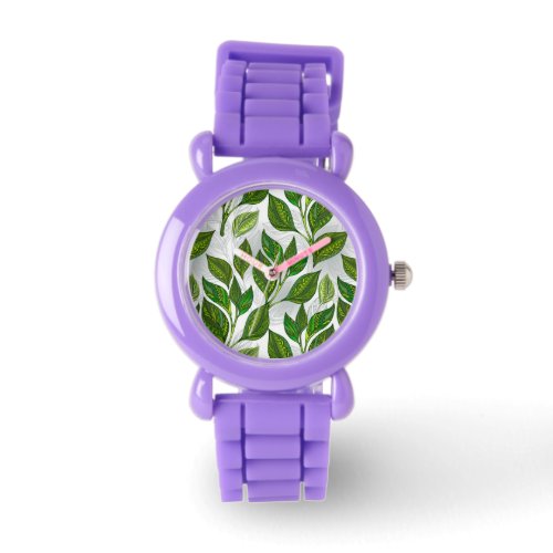 Seamless Pattern with Green Tea Leaves Watch