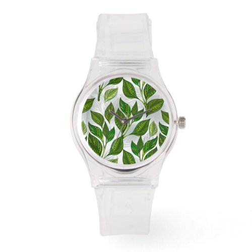 Seamless Pattern with Green Tea Leaves Watch