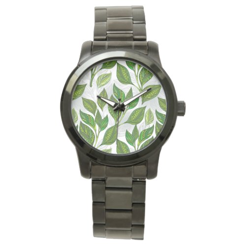 Seamless Pattern with Green Tea Leaves Watch