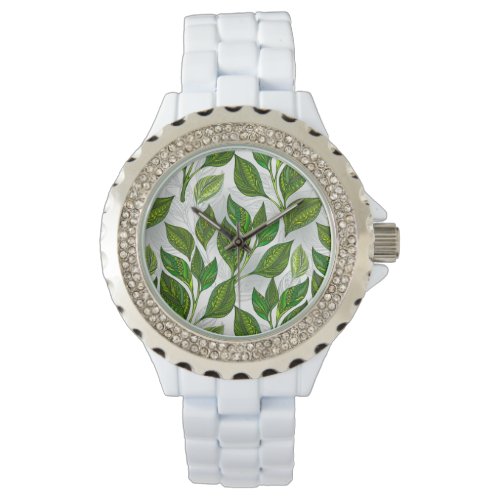 Seamless Pattern with Green Tea Leaves Watch