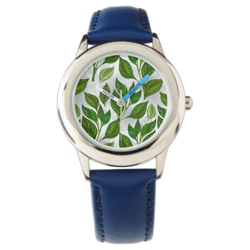 Seamless Pattern with Green Tea Leaves Watch