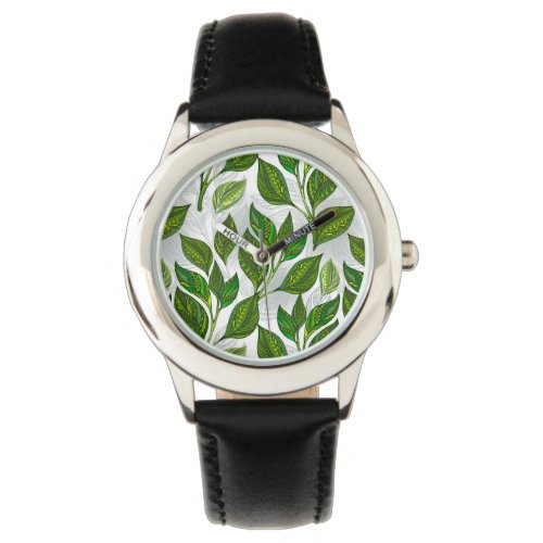 Seamless Pattern with Green Tea Leaves Watch