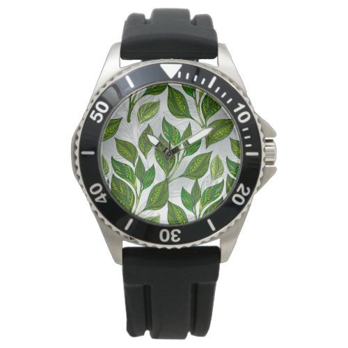 Seamless Pattern with Green Tea Leaves Watch