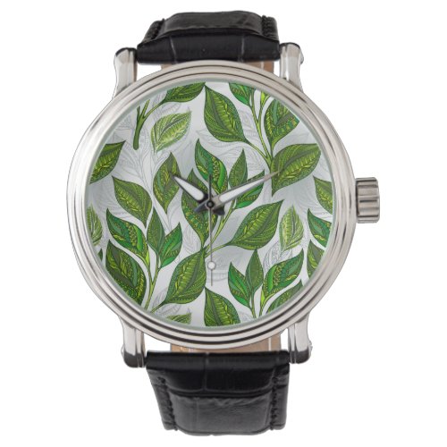 Seamless Pattern with Green Tea Leaves Watch