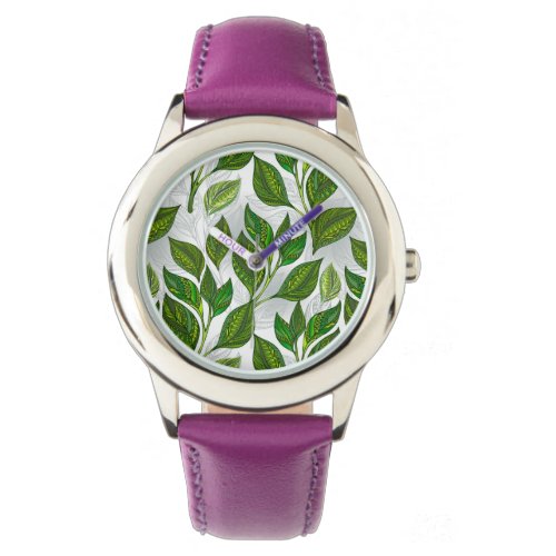 Seamless Pattern with Green Tea Leaves Watch