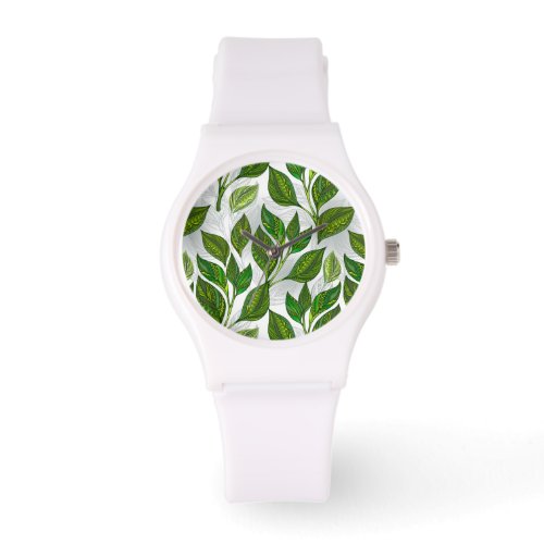 Seamless Pattern with Green Tea Leaves Watch