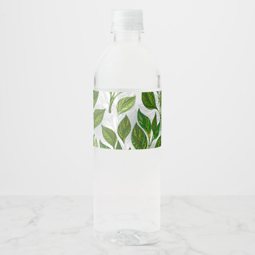 Seamless Pattern with Green Tea Leaves Water Bottle Label