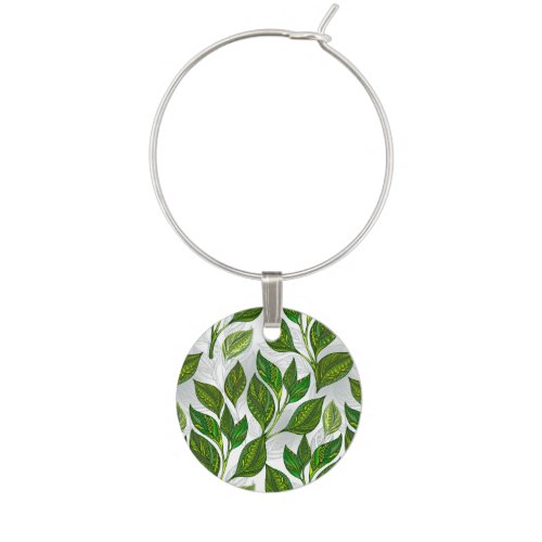 Seamless Pattern with Green Tea Leaves Wine Charm