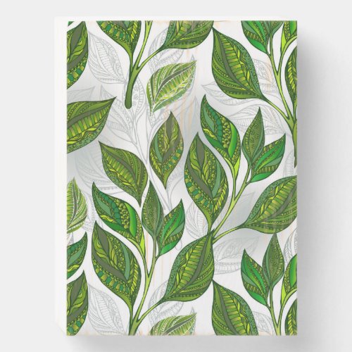 Seamless Pattern with Green Tea Leaves Wooden Box Sign