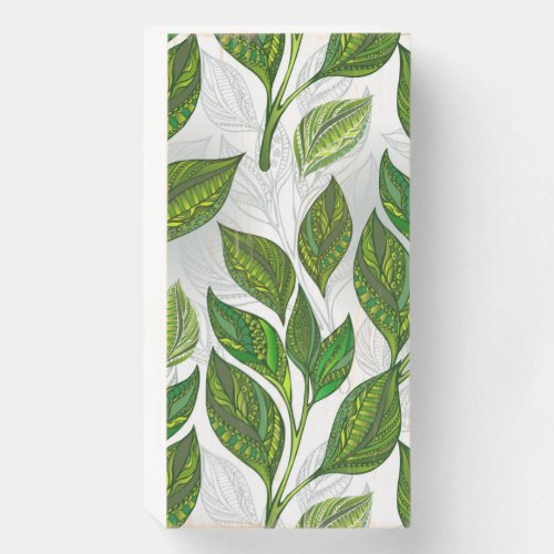 Seamless Pattern with Green Tea Leaves Wooden Box Sign