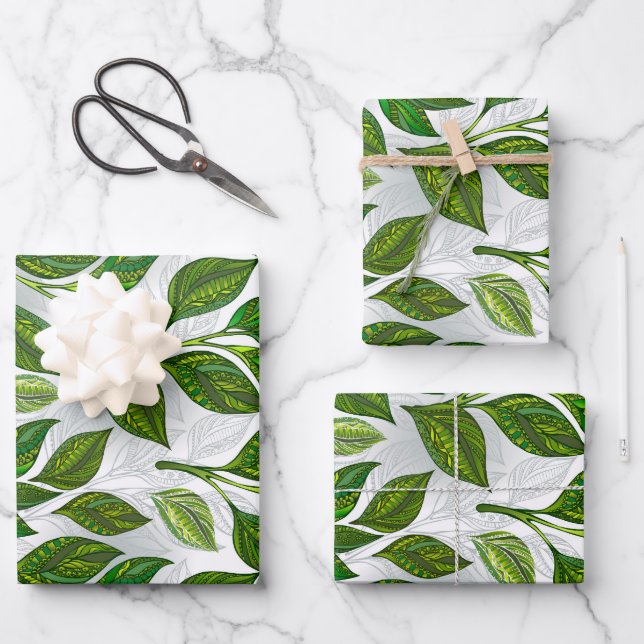 Seamless Pattern with Green Tea Leaves Wrapping Paper Sheets (Front)