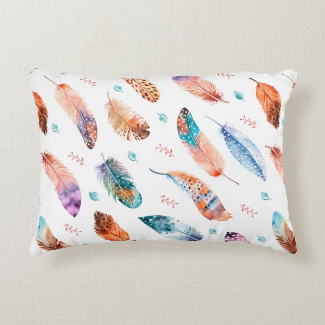 Seamless pattern with hand drawn feathers on white accent pillow (Front)