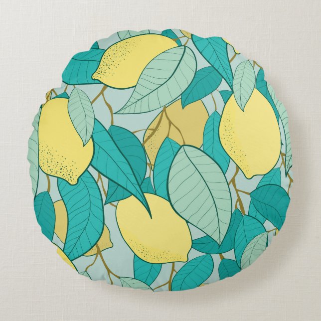 seamless pattern with hand drawn lemon garden round pillow (Front)