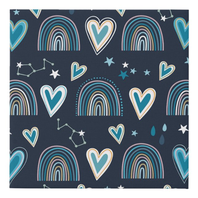 Seamless pattern with hearts, rainbows and celesti faux canvas print (Front)