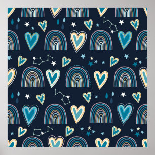 Seamless pattern with hearts, rainbows and celesti poster