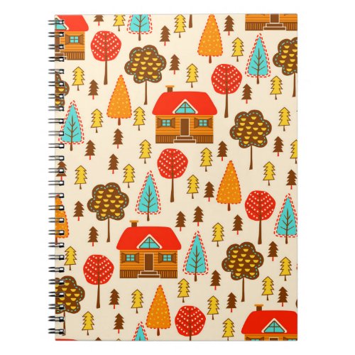 Seamless pattern with houses in the forest Vintag Notebook