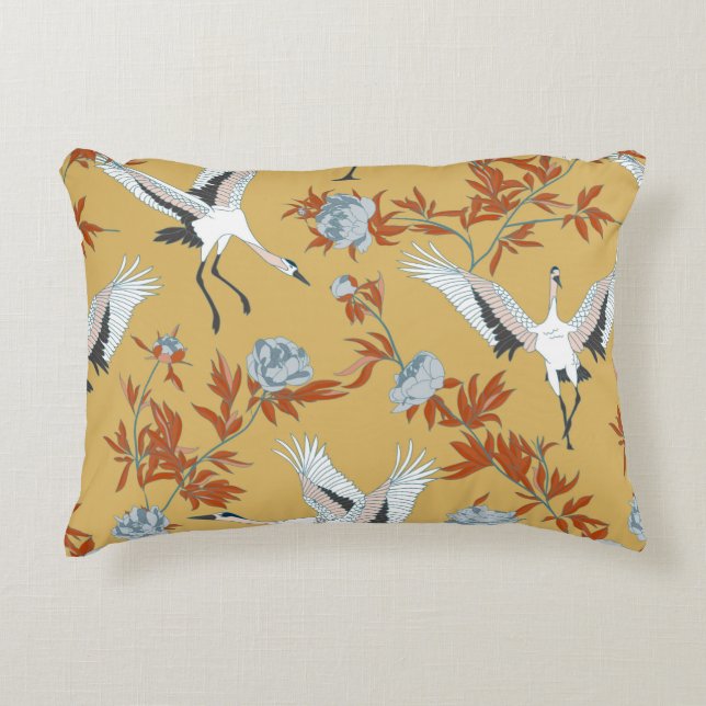 Seamless pattern with Japanese white cranes and pe Accent Pillow (Front)