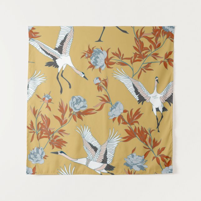 Seamless pattern with Japanese white cranes and pe Tapestry (Front)