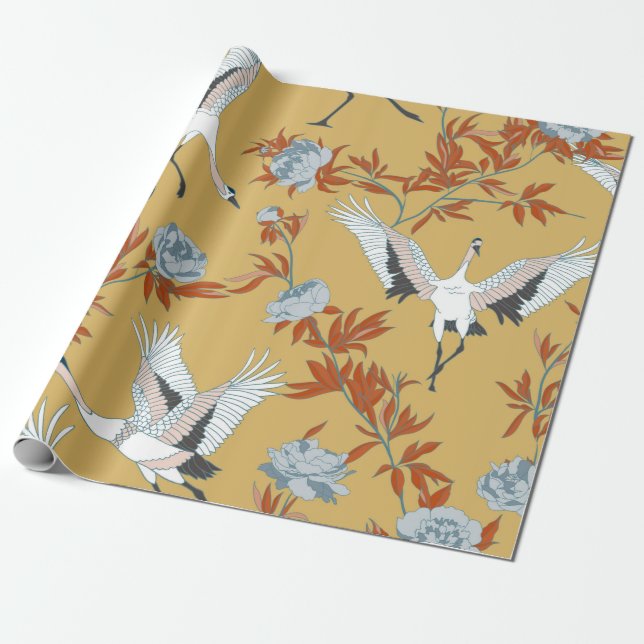 Seamless pattern with Japanese white cranes and pe Wrapping Paper (Unrolled)
