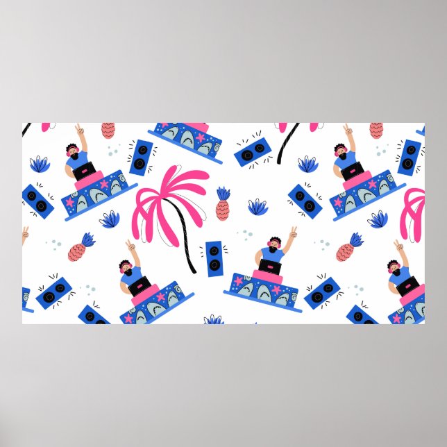 Seamless pattern with joyful dj palm trees pineapp poster (Front)