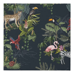 Seamless pattern with jungle animals, flowers and faux canvas print