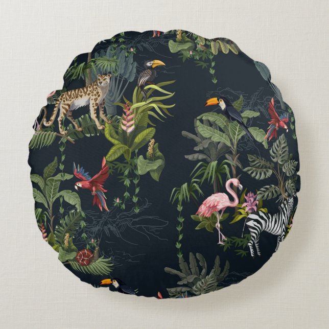 Seamless pattern with jungle animals, flowers and  round pillow (Front)