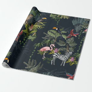 Seamless pattern with jungle animals, flowers and  wrapping paper