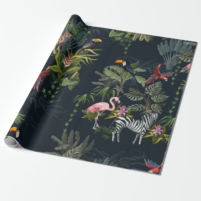 Seamless pattern with jungle animals, flowers and  wrapping paper (Unrolled)