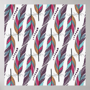 Seamless pattern with large colored feathers and d poster