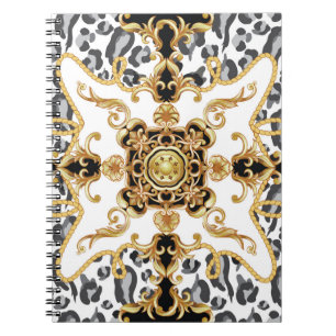 Seamless pattern with leopard skin and golden baro notebook
