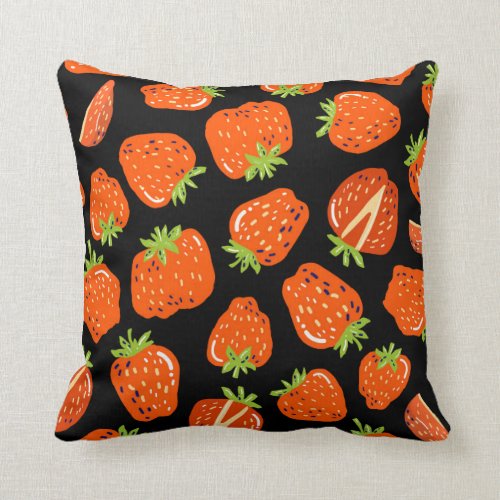 Seamless pattern with little strawberries on black throw pillow