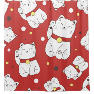 Seamless pattern with Maneki-Neko cat hand drawn i Shower Curtain