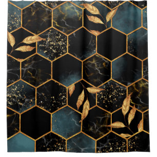 Seamless pattern with marble hexagon and golden le shower curtain