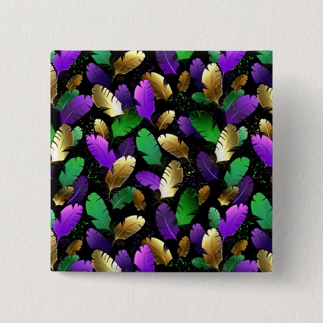 Seamless Pattern with Mardi Gras feathers Button (Front)