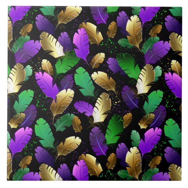 Seamless Pattern with Mardi Gras feathers Ceramic Tile (Front)