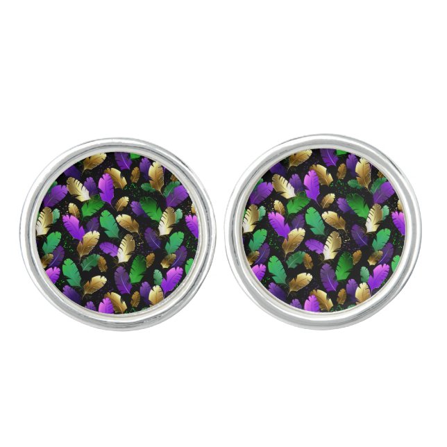 Seamless Pattern with Mardi Gras feathers Cufflinks (Front)